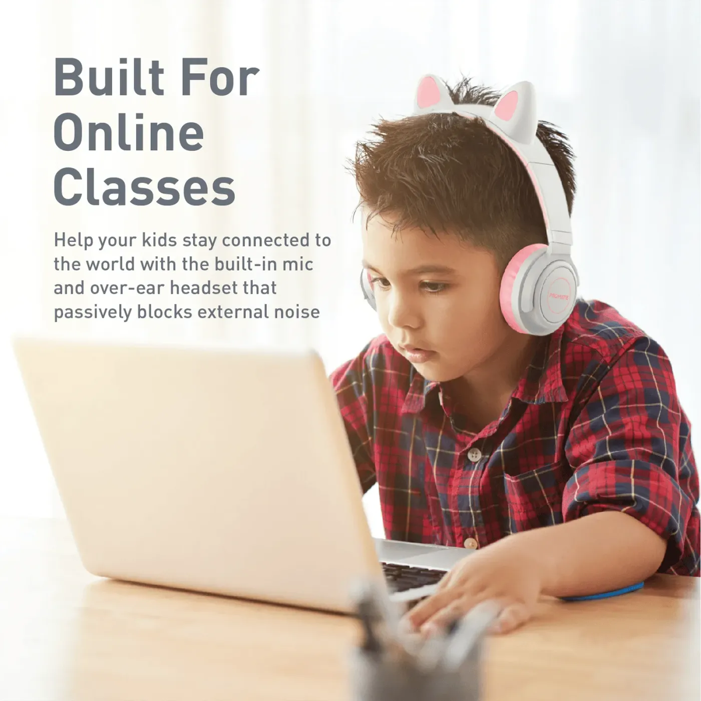 Side view of the bubblegum Panda KidSafe wireless headphones