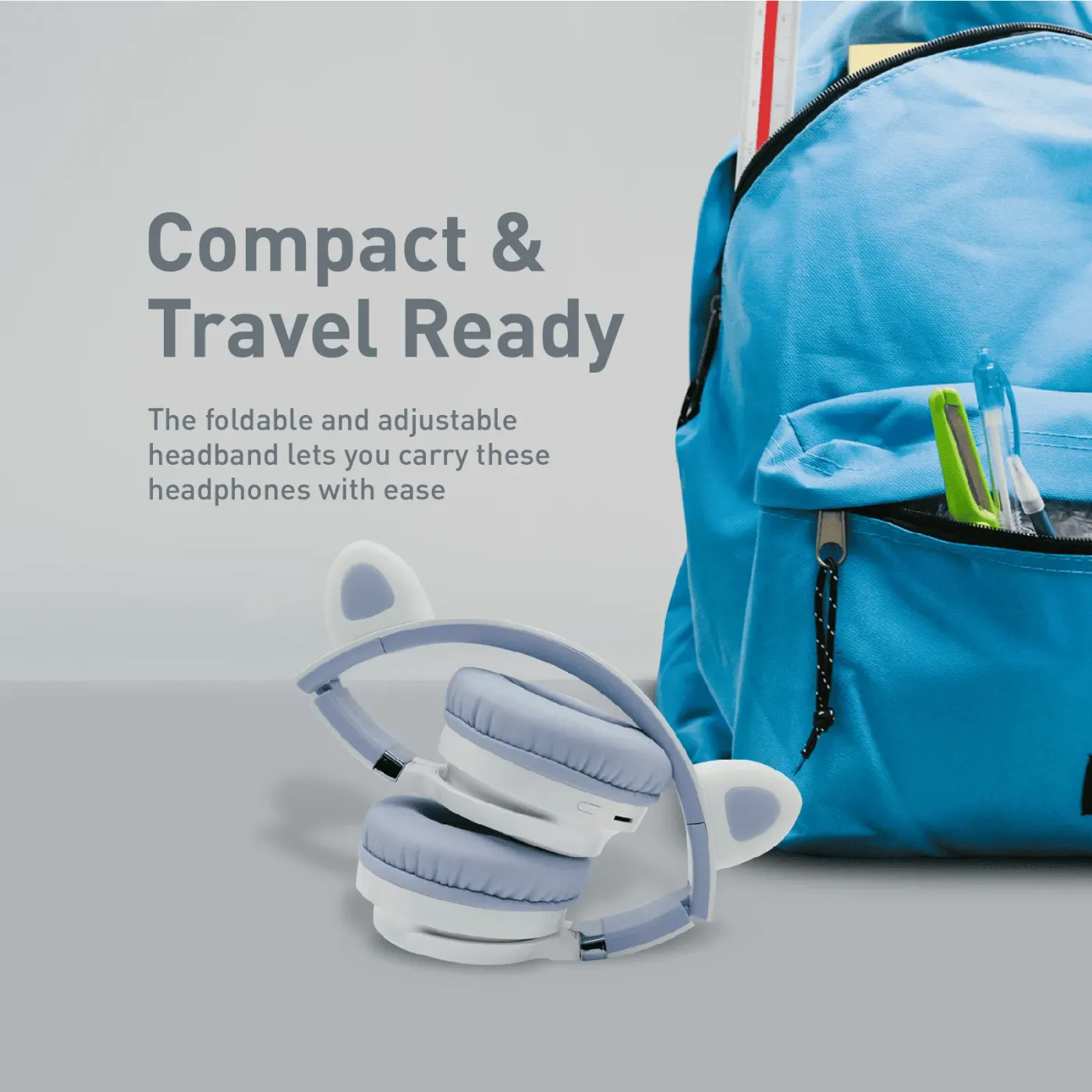 Promate Panda KidSafe headset in lilac shown alongside its charging port