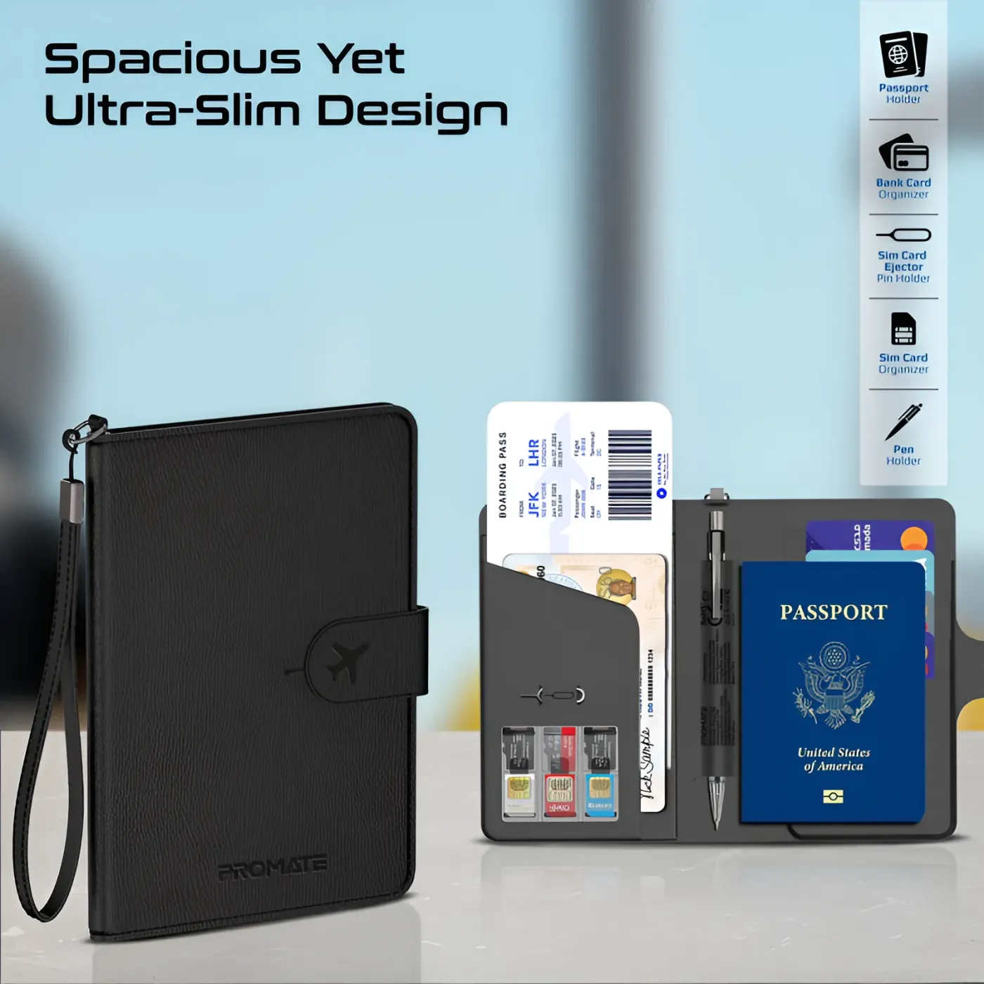 Promate PassMate passport holder in black leather
