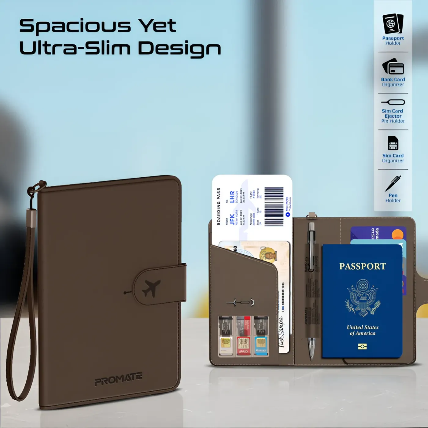 RFID-blocking layer protecting documents in the brown PassMate