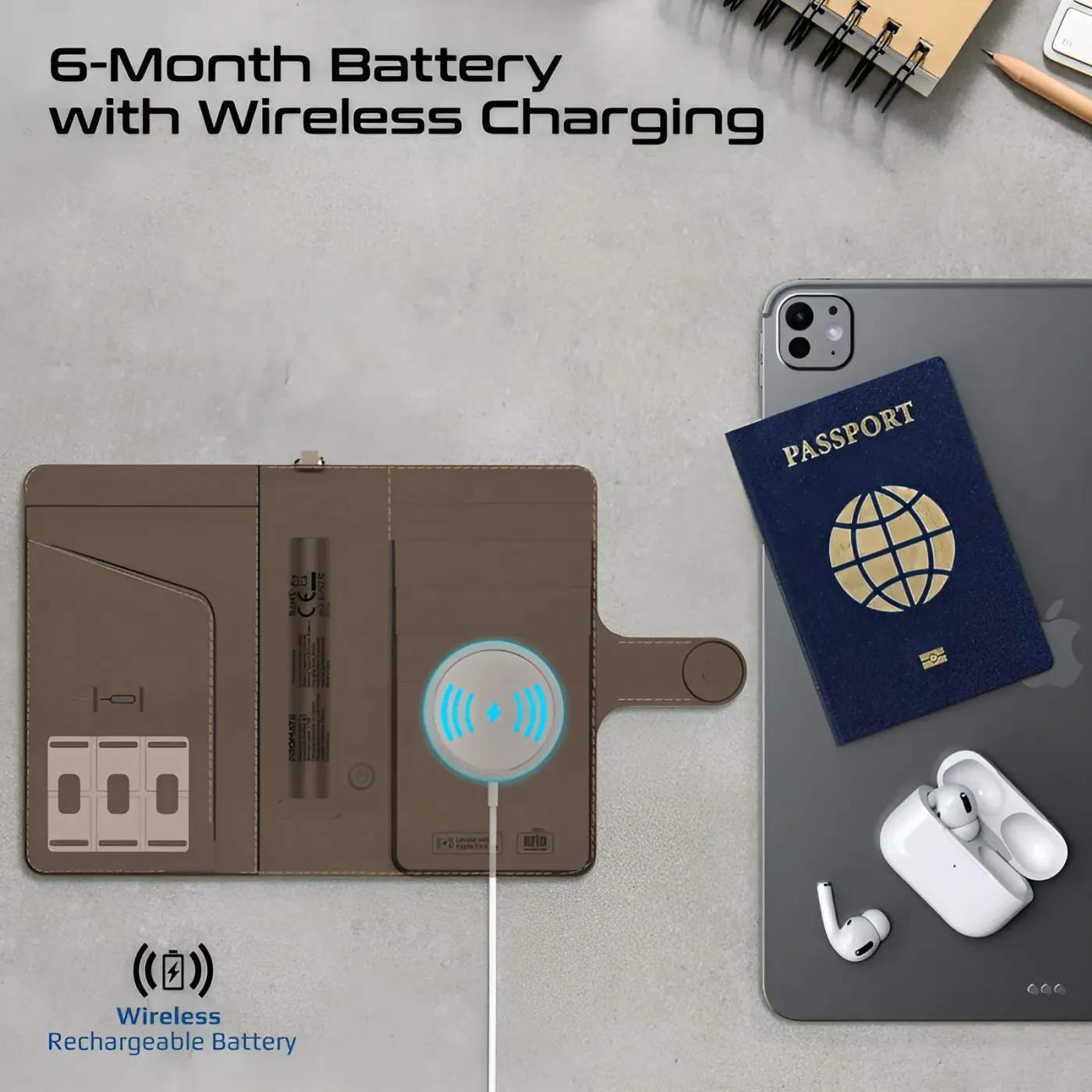 Brown PassMate charging wirelessly on a pad