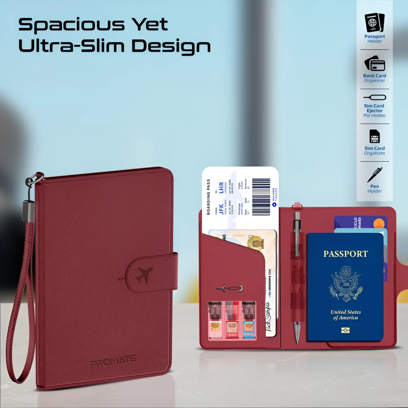 RFID-blocking passport pocket inside the burgundy PassMate