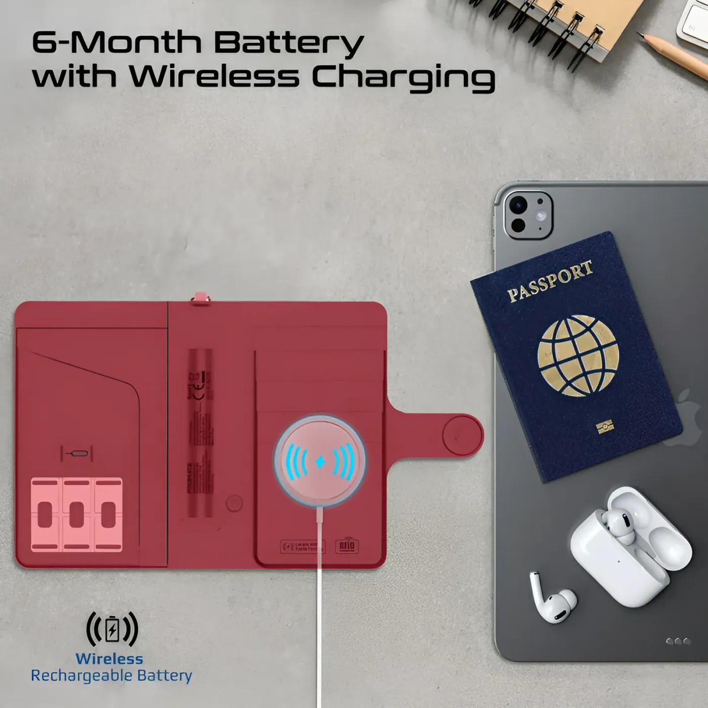 PassMate passport holder charging on a wireless charging pad