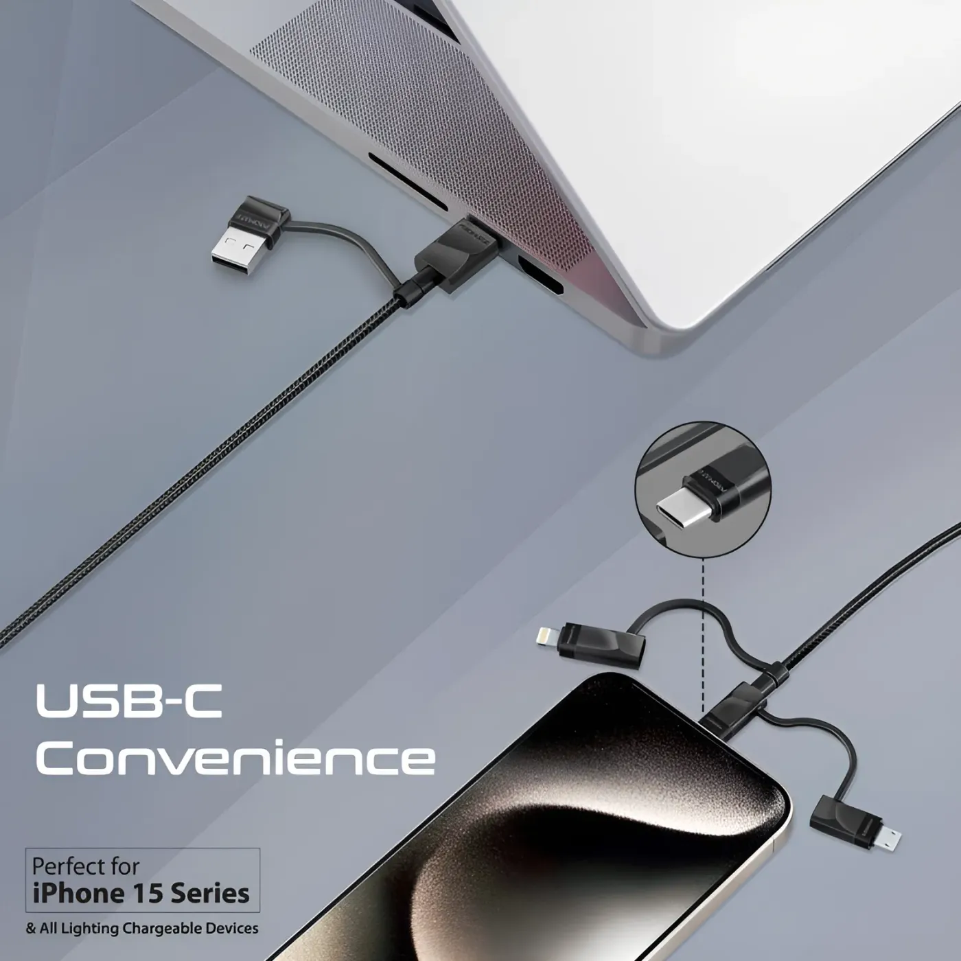 Micro USB connector on the PentaPower cable charging an accessory