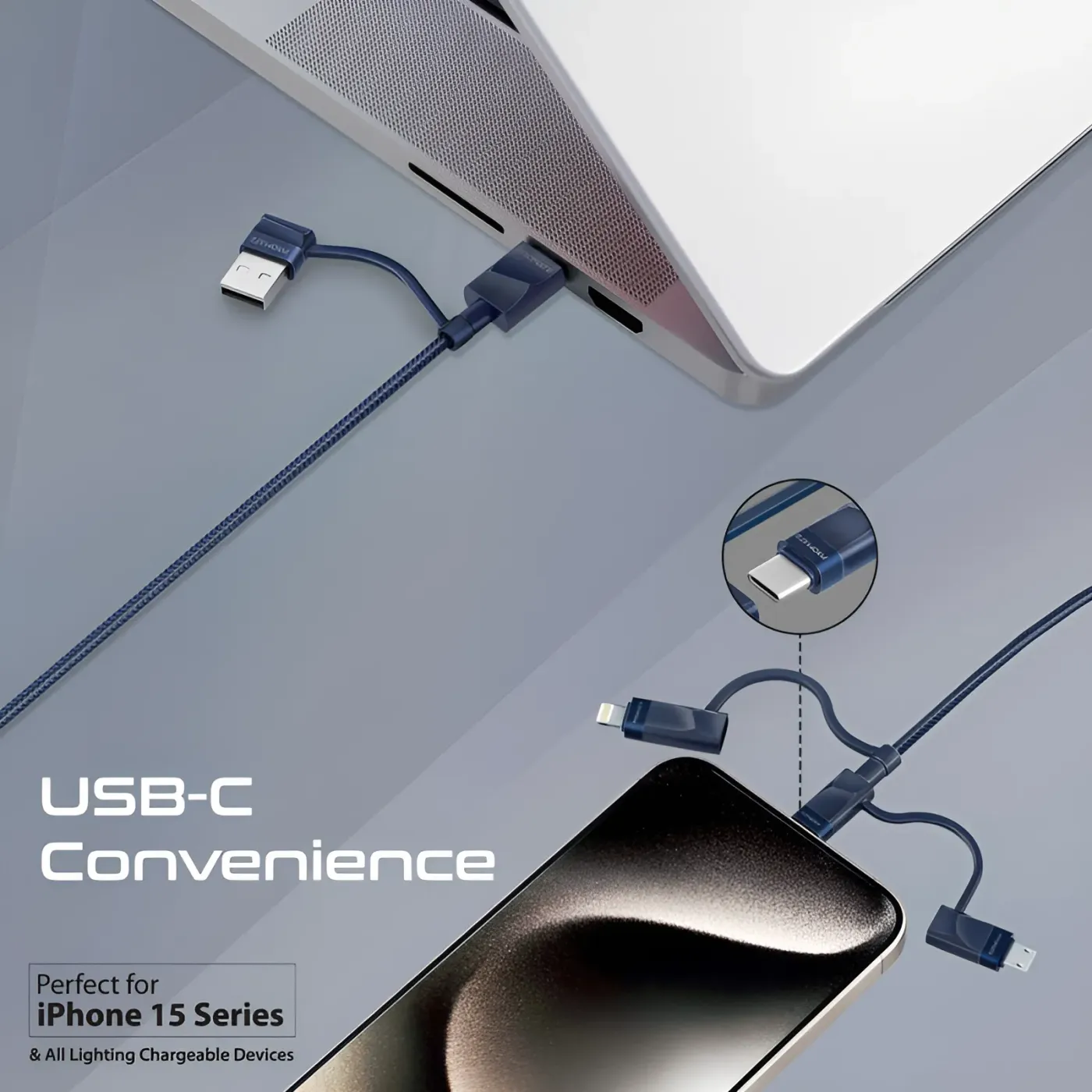 Lightning tip on the PentaPower navy cable connected to an iPad