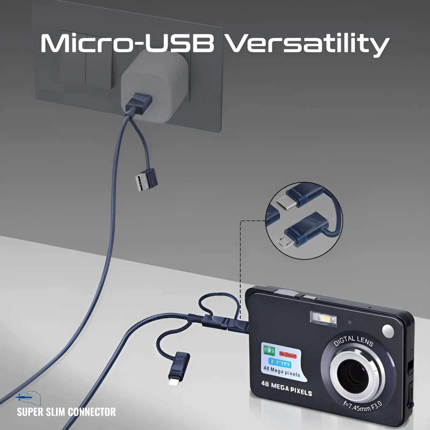Micro USB tip of the navy PentaPower cable charging a speaker