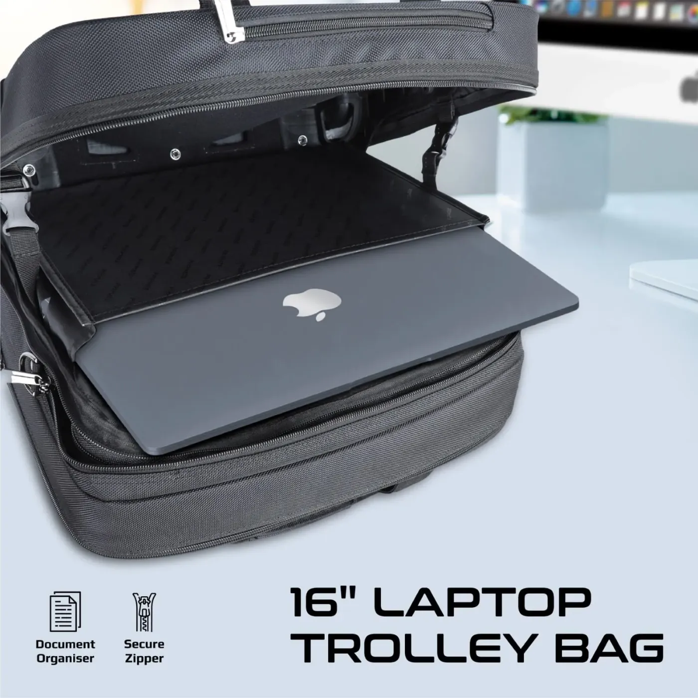 Promate Persona-TR laptop trolley bag standing upright with its handle extended