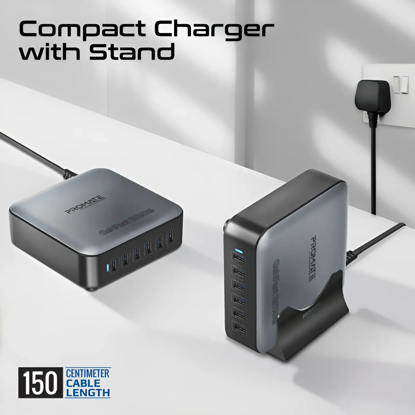 PowerBase-GaN285 with its included stand and 1.5m cable
