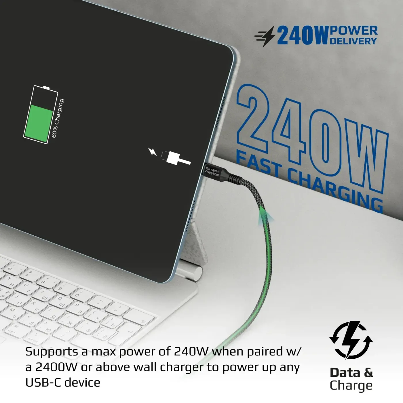 PowerBolt 240W cable connected to a high-power laptop