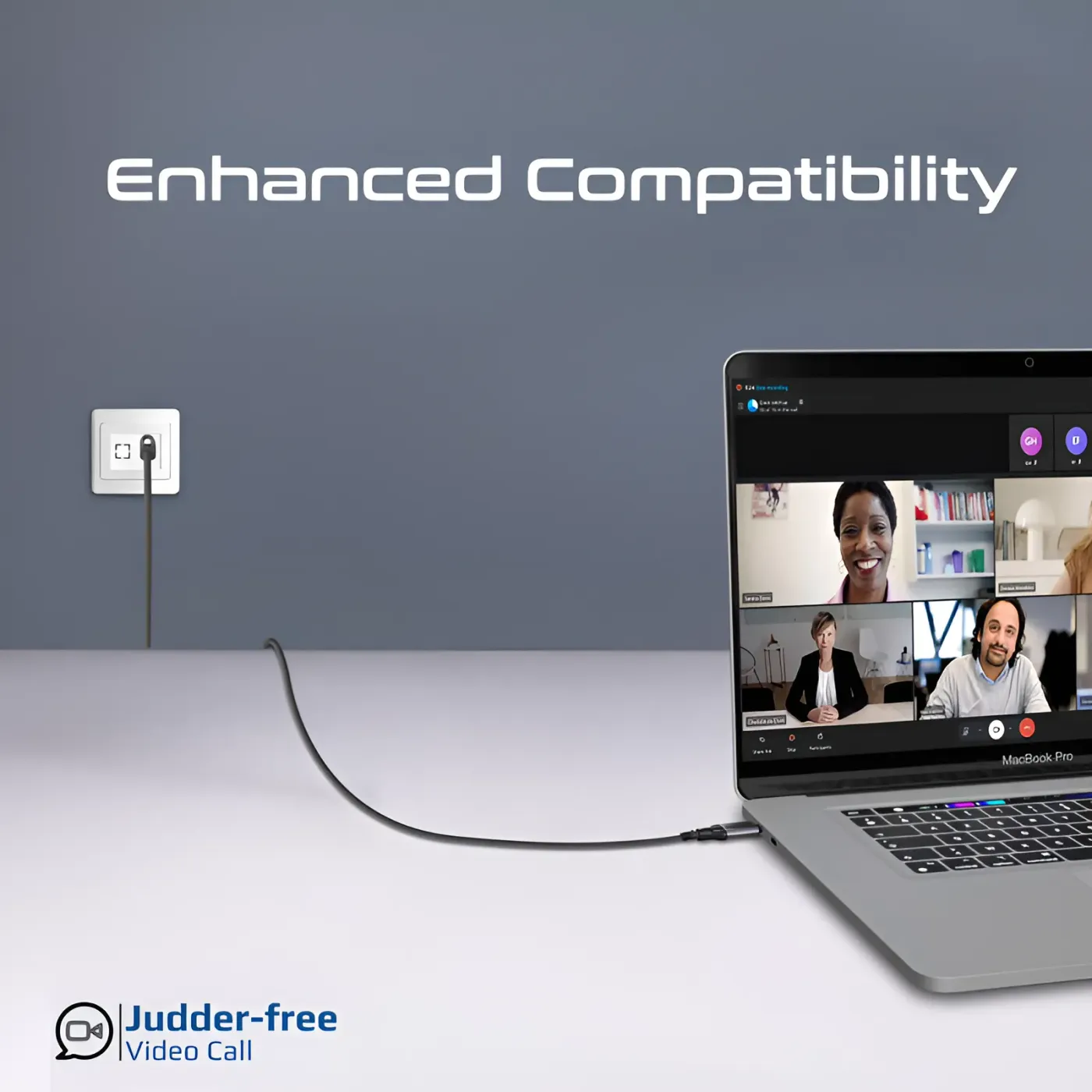 Laptop connected by CLINK-RJ45 cable during a video call