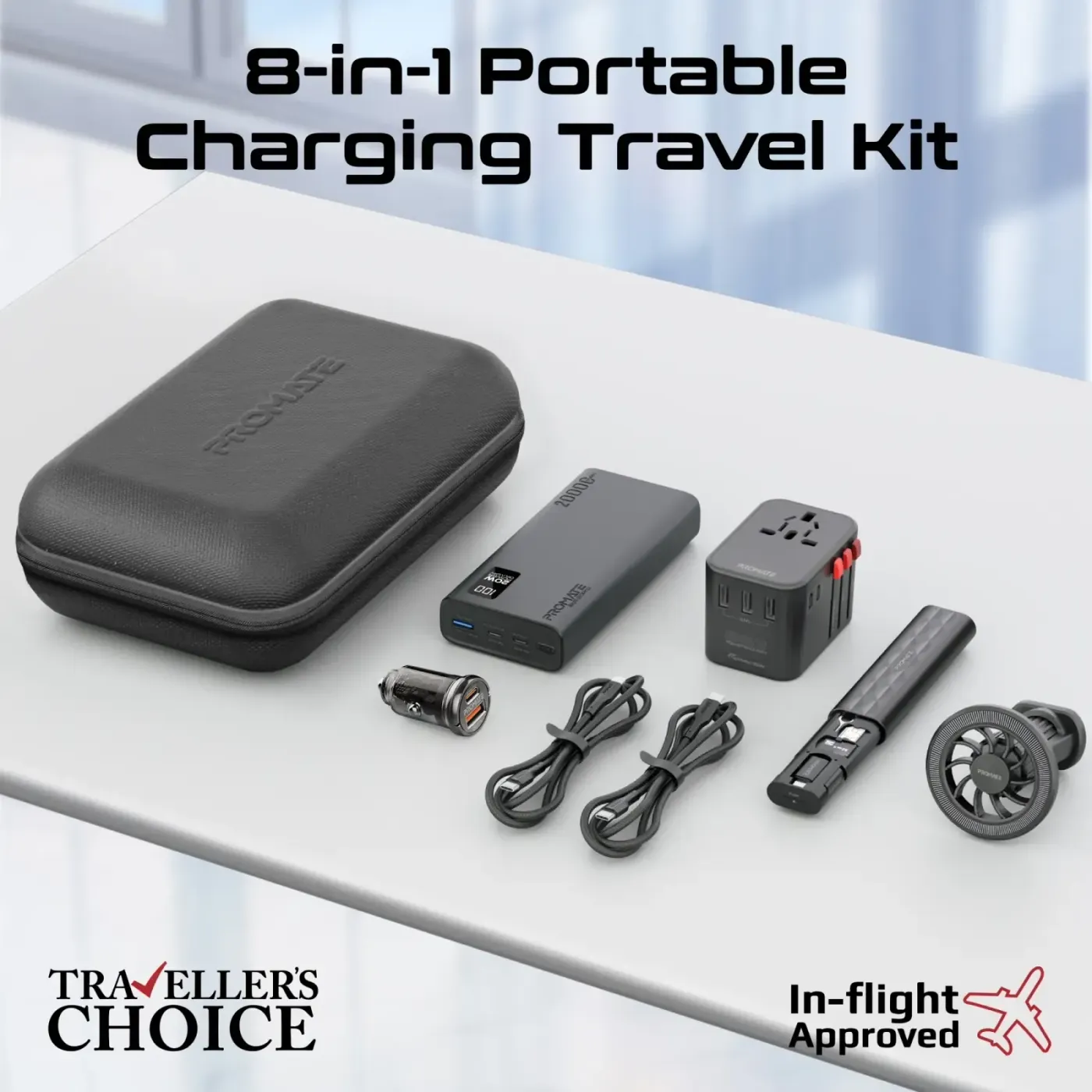 Closed storage case of the Promate PowerGear Pro 8-in-1 travel kit