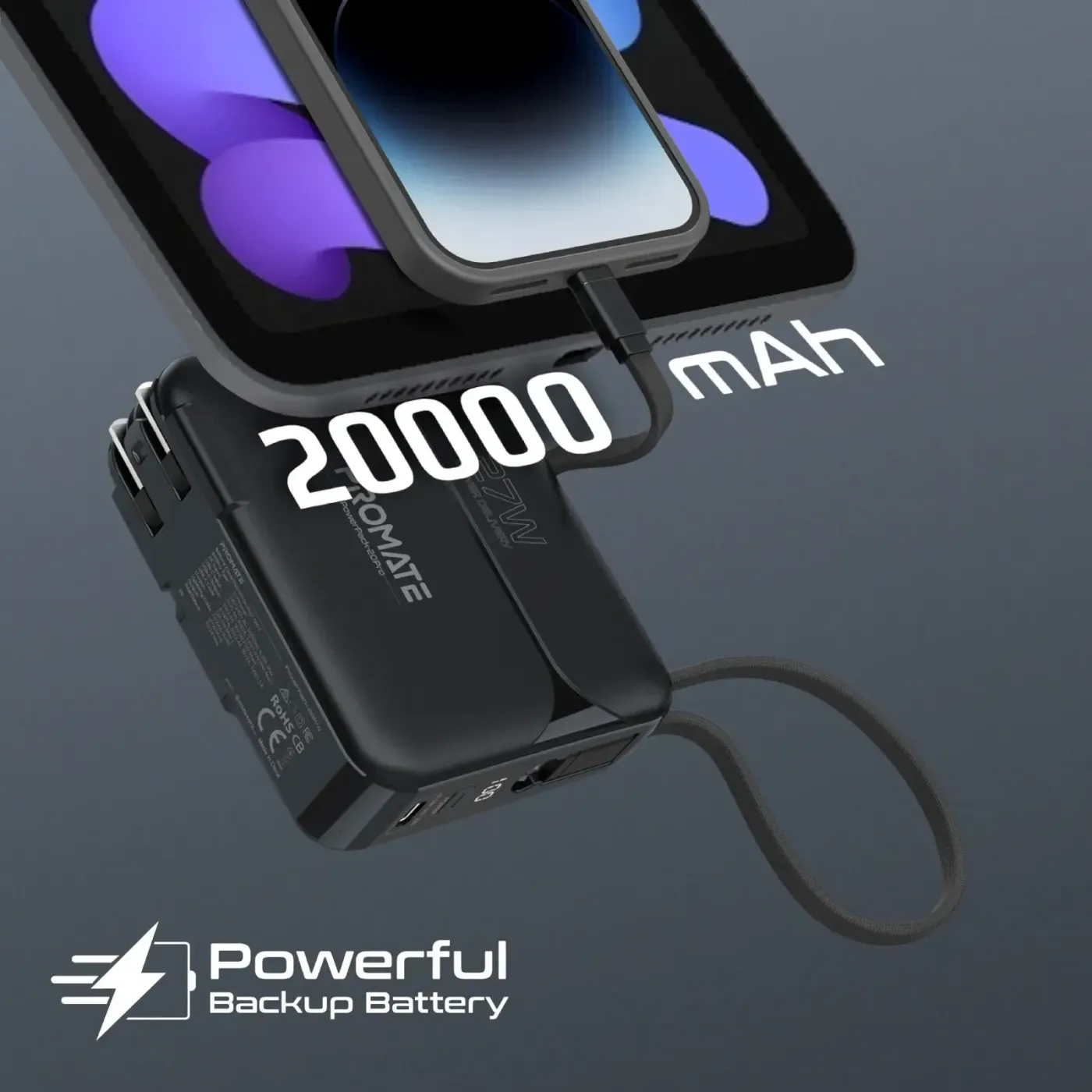 PowerPack-20 Pro charging an iPhone using its built-in Lightning cable