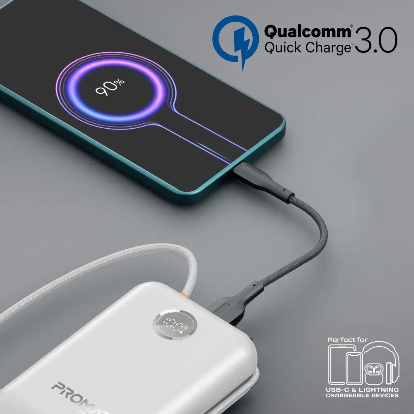 Side view of the Promate PowerPod-30 showing the USB-C input and output port