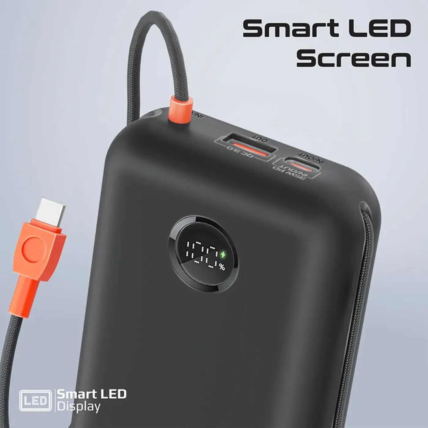 Promate PowerPod 30000mAh power bank in black with its built-in cables