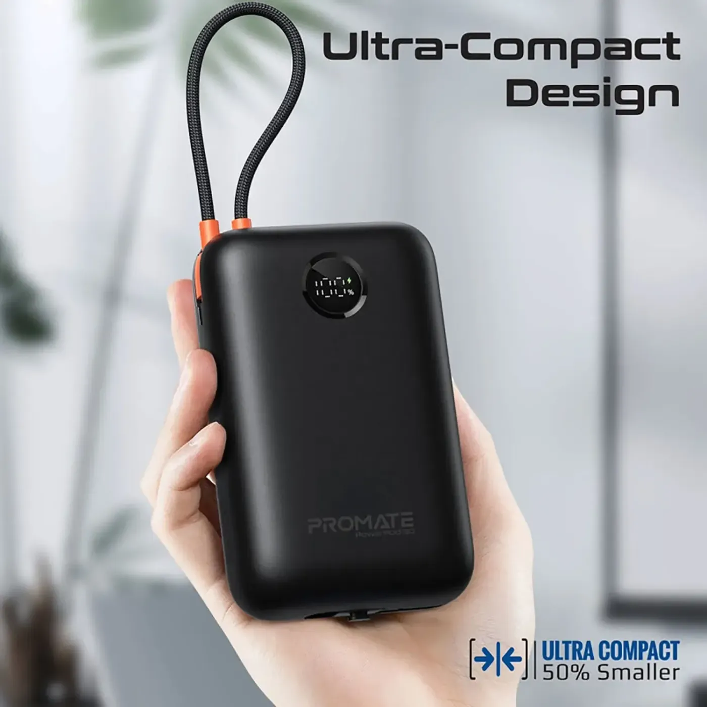 Close-up of the built-in USB-C and Lightning cables on the Promate PowerPod