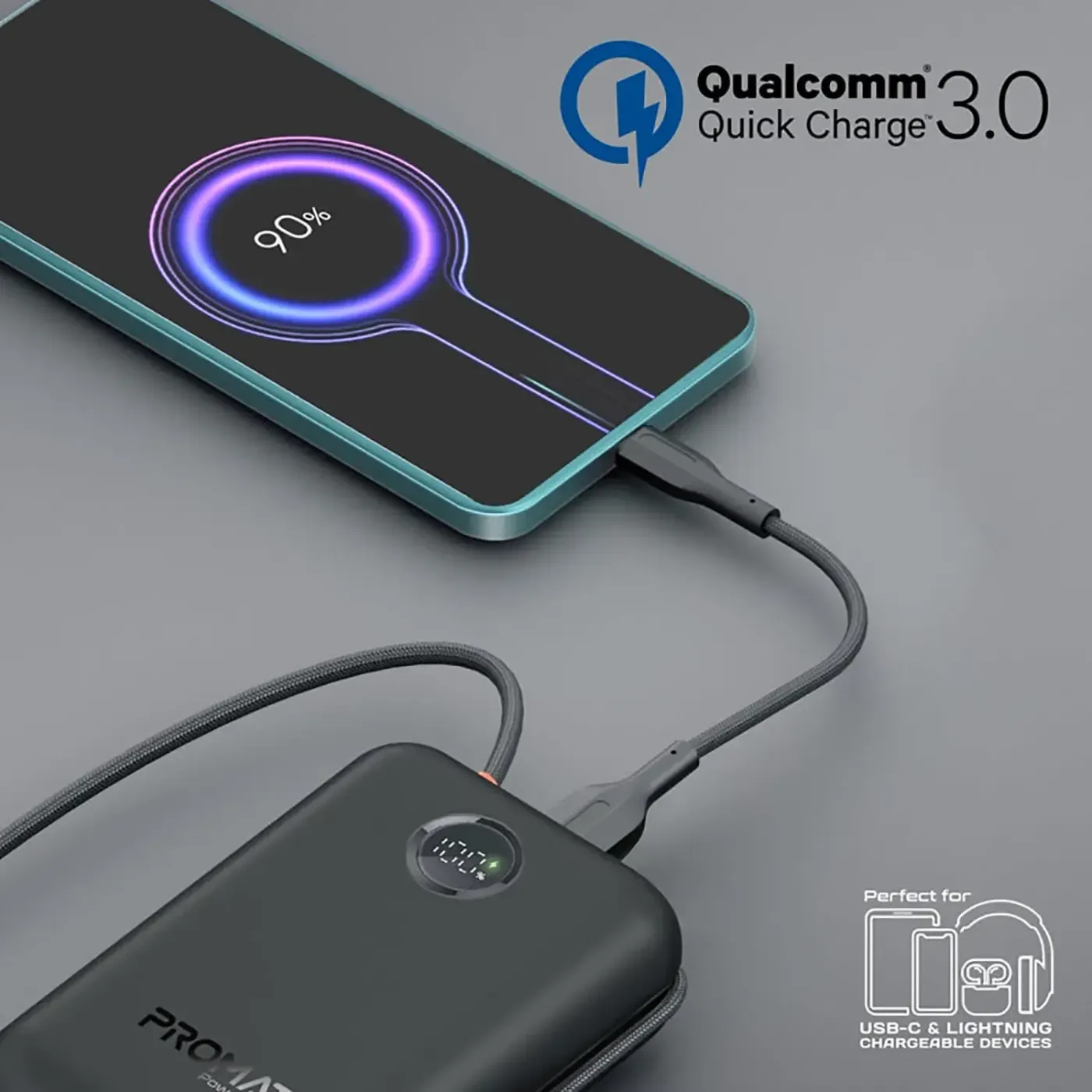 Promate PowerPod power bank showing its port and protection circuitry housing