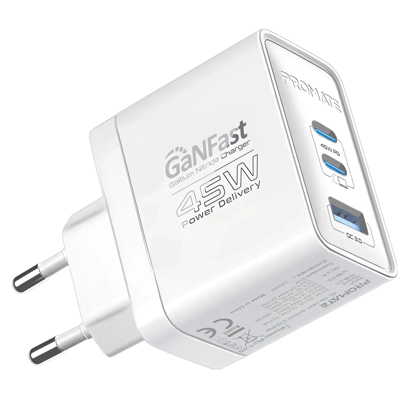 Promate PowerPort-45 white charging adapter shown from the front