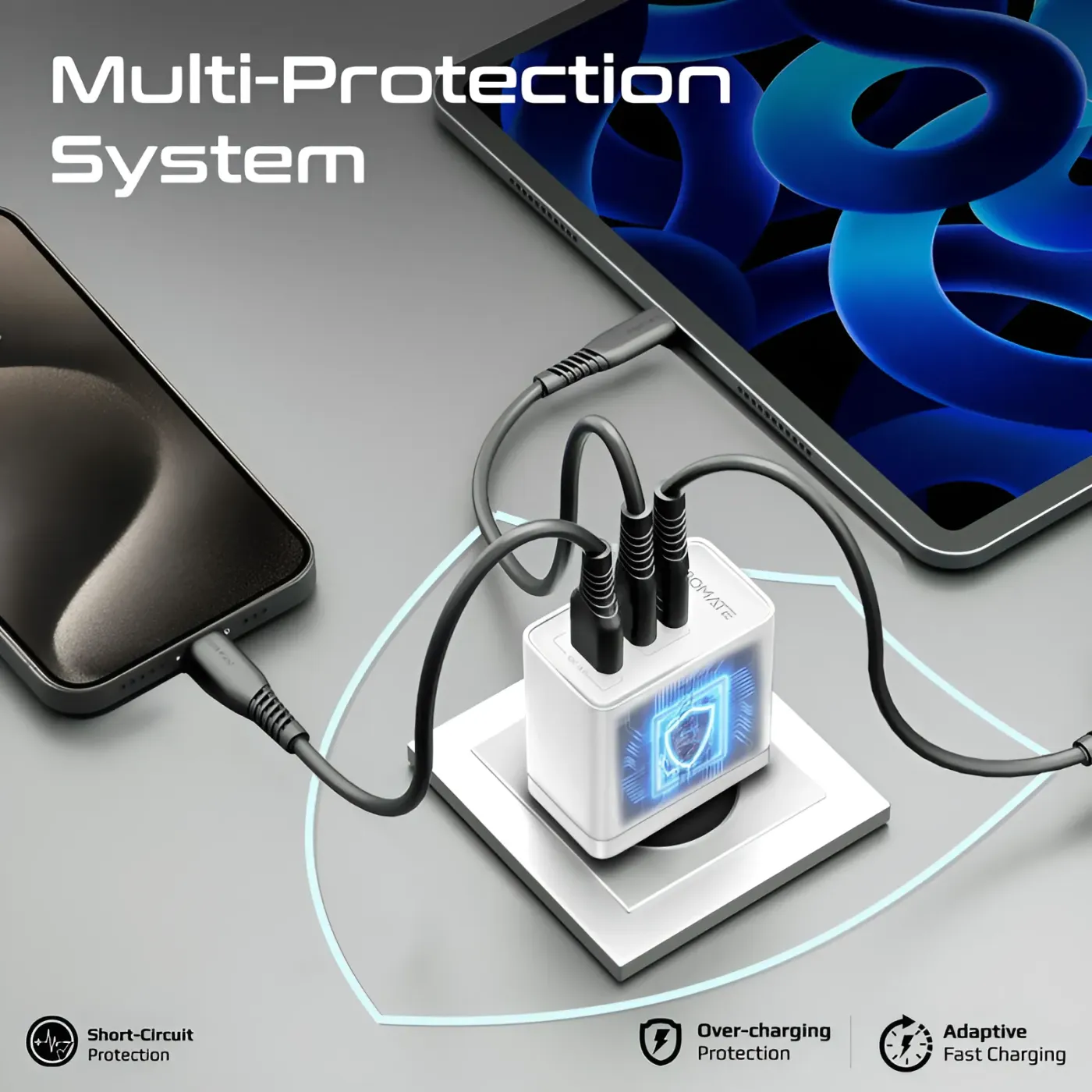 Three devices connected to the Promate PowerPort-45 at once