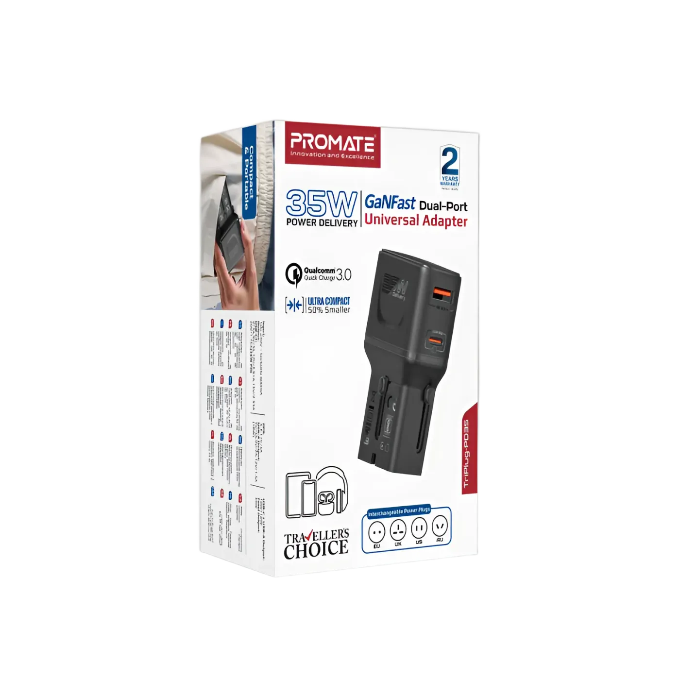 Retractable UK and EU pins extended from the TriPlug-PD35 body