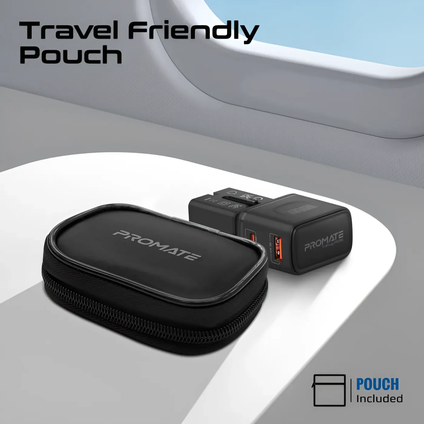 TriPlug-PD35 adapter beside a passport and carry-on luggage