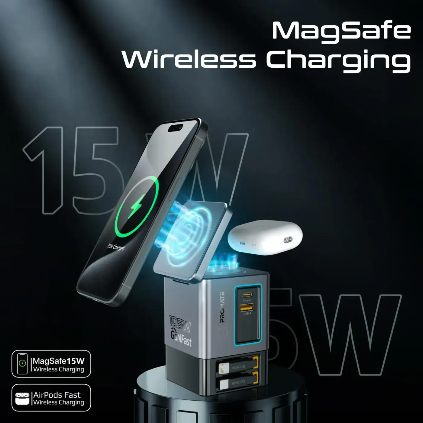 iPhone charging on the MagSafe-compatible wireless pad of the PowerSync-105