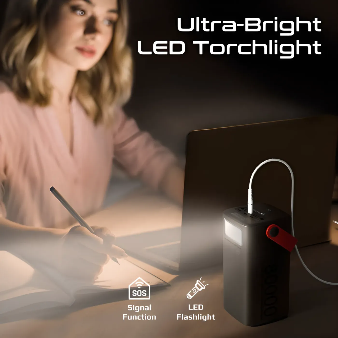 Promate portable power unit with its LED light switched on