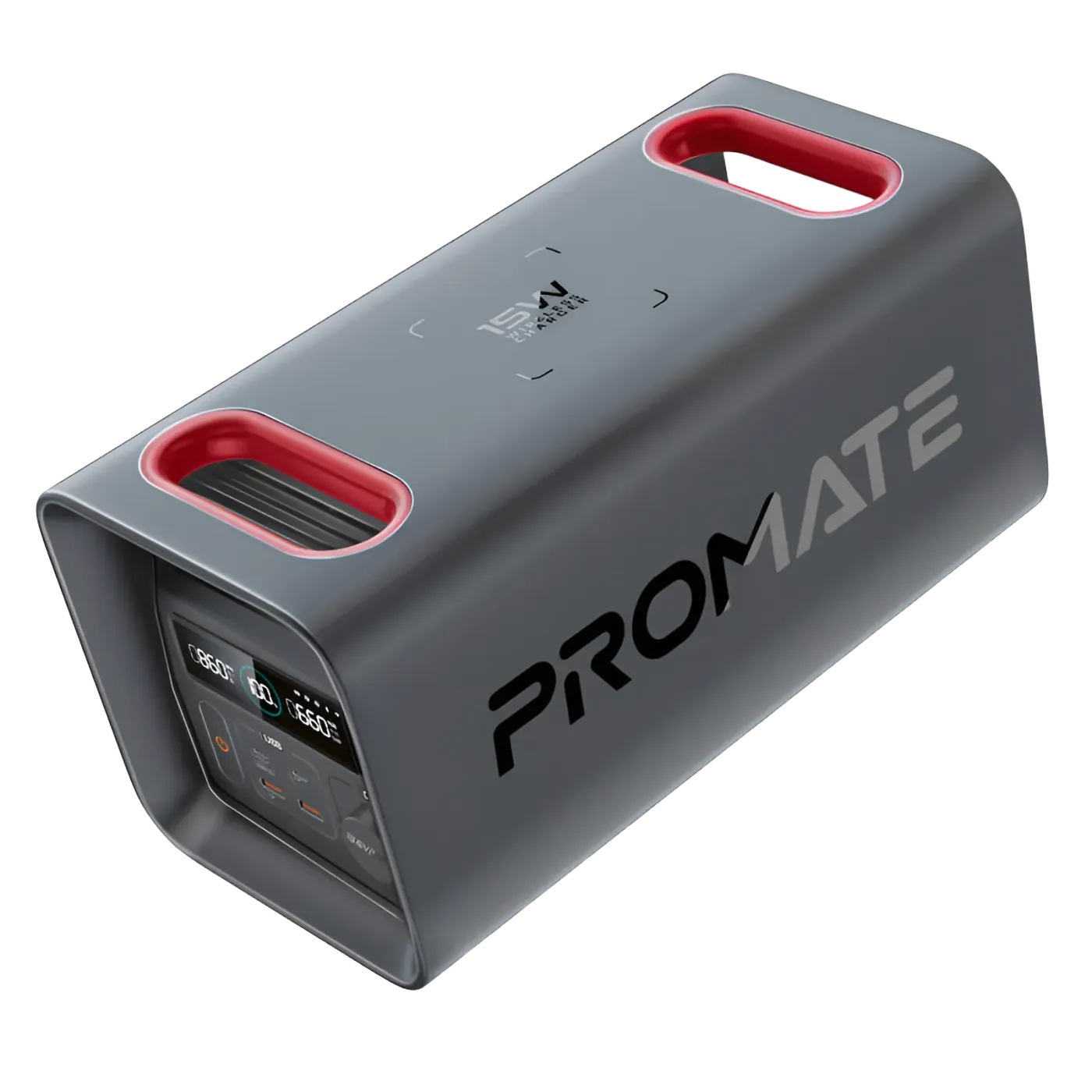 Promate PowerTank-600 portable power station in black, front view
