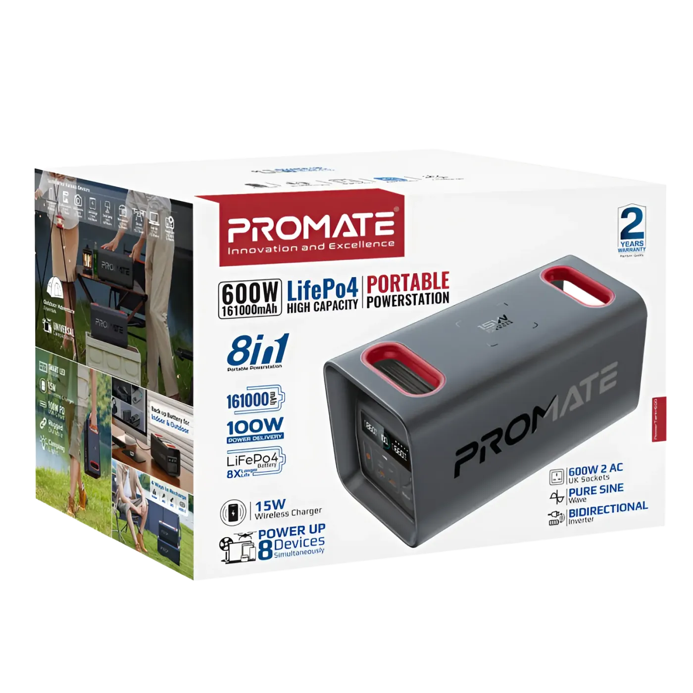 Dual AC outlets on the front panel of the Promate PowerTank-600
