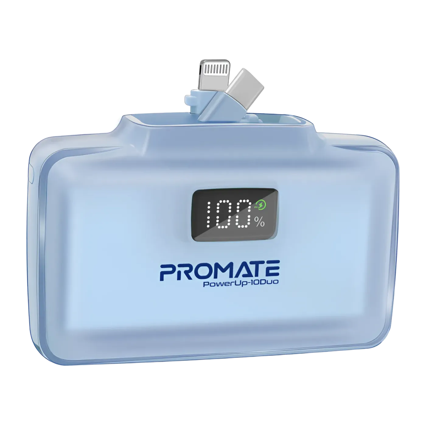 Promate POWERUP-10DUO 10000mAh power bank in blue, front view