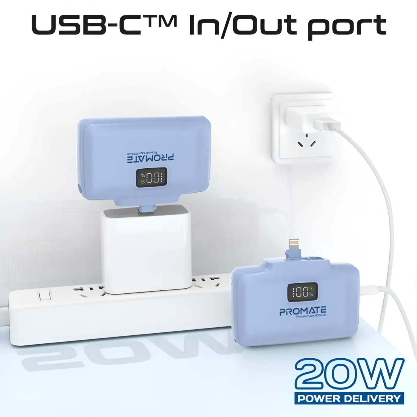 USB-C charging port on the edge of the blue POWERUP-10DUO