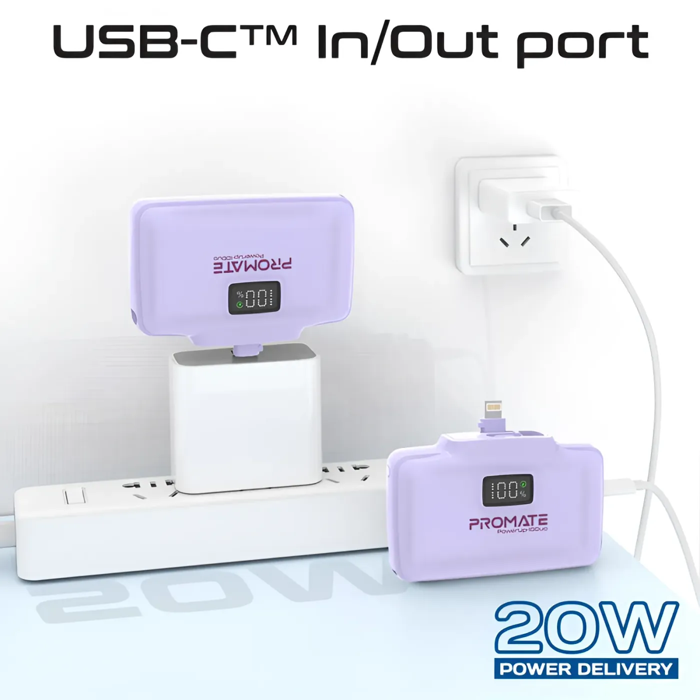 Foldable USB-C connector extended from the purple POWERUP-10DUO
