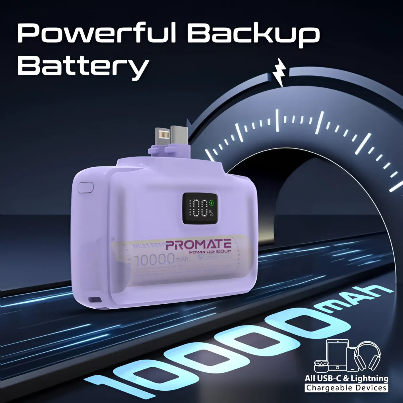 Purple POWERUP-10DUO shown recharging through its USB-C connector