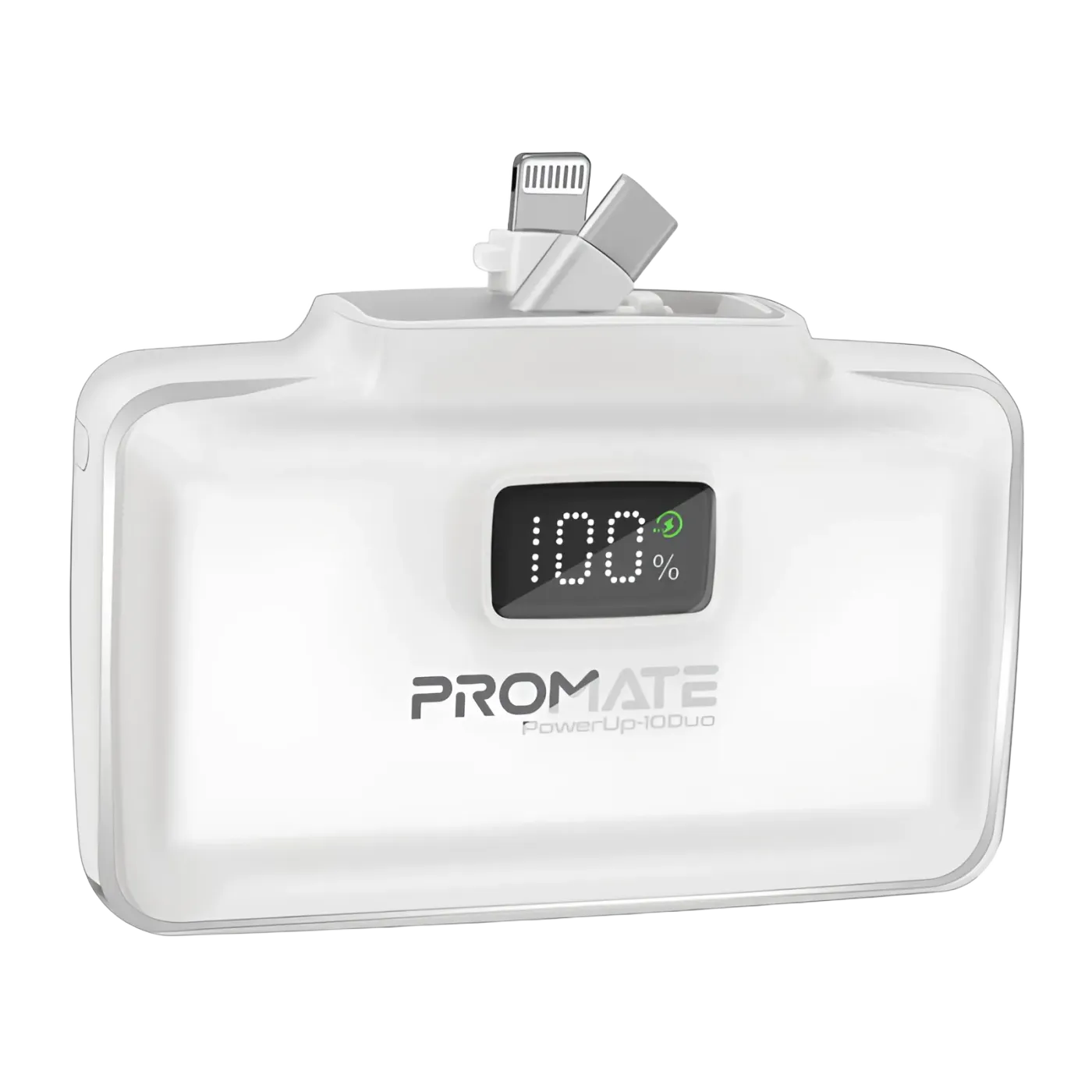 Promate POWERUP-10DUO 10000mAh power bank in white, front view