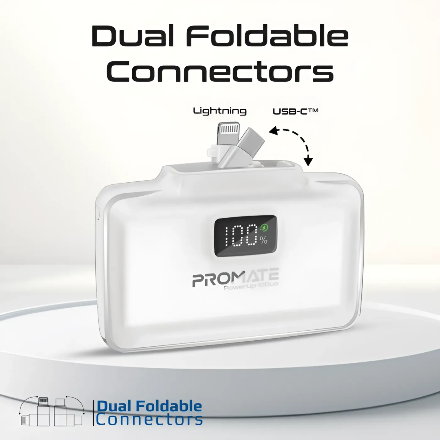 White POWERUP-10DUO recharging through its built-in USB-C connector