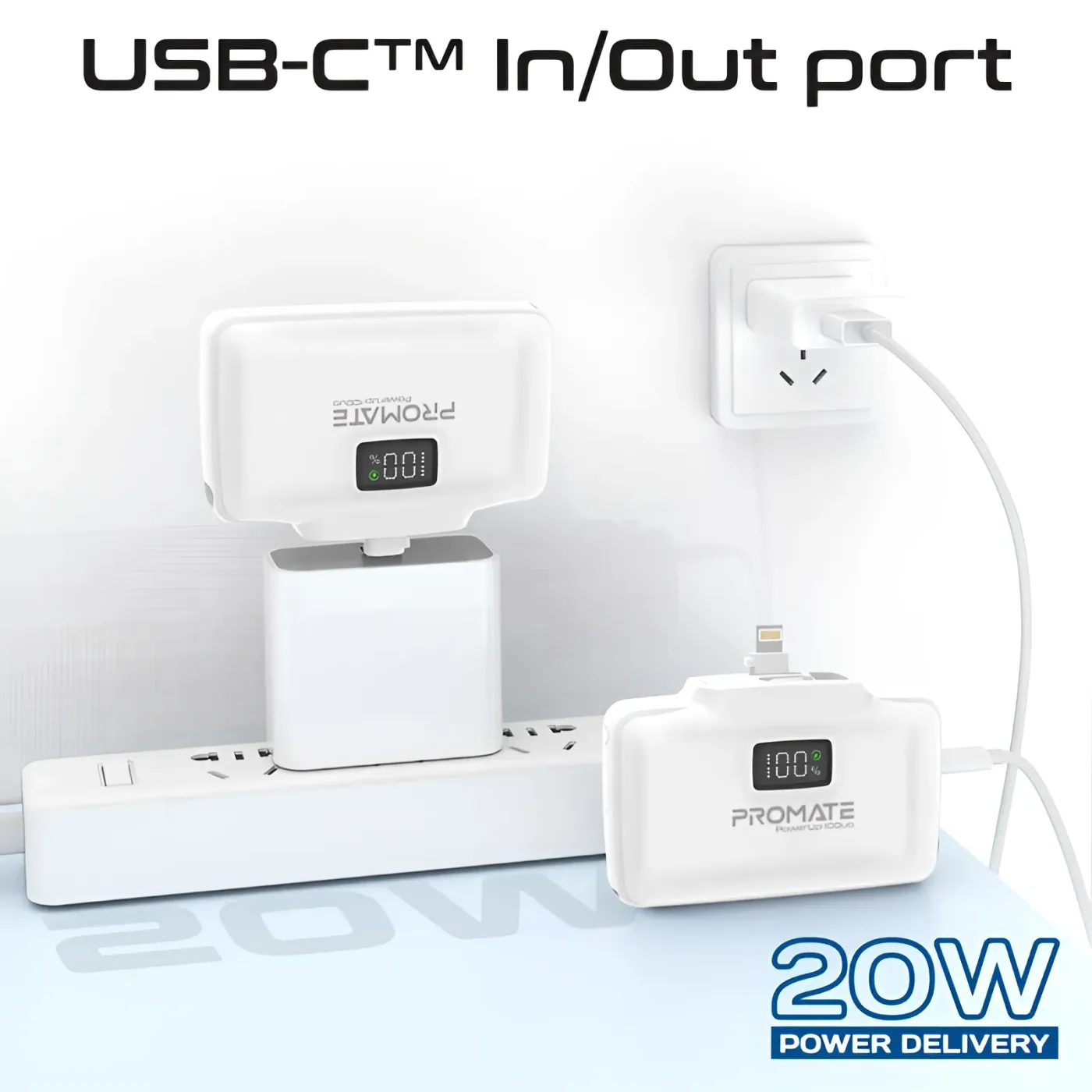 USB-C charging port on the edge of the white POWERUP-10DUO