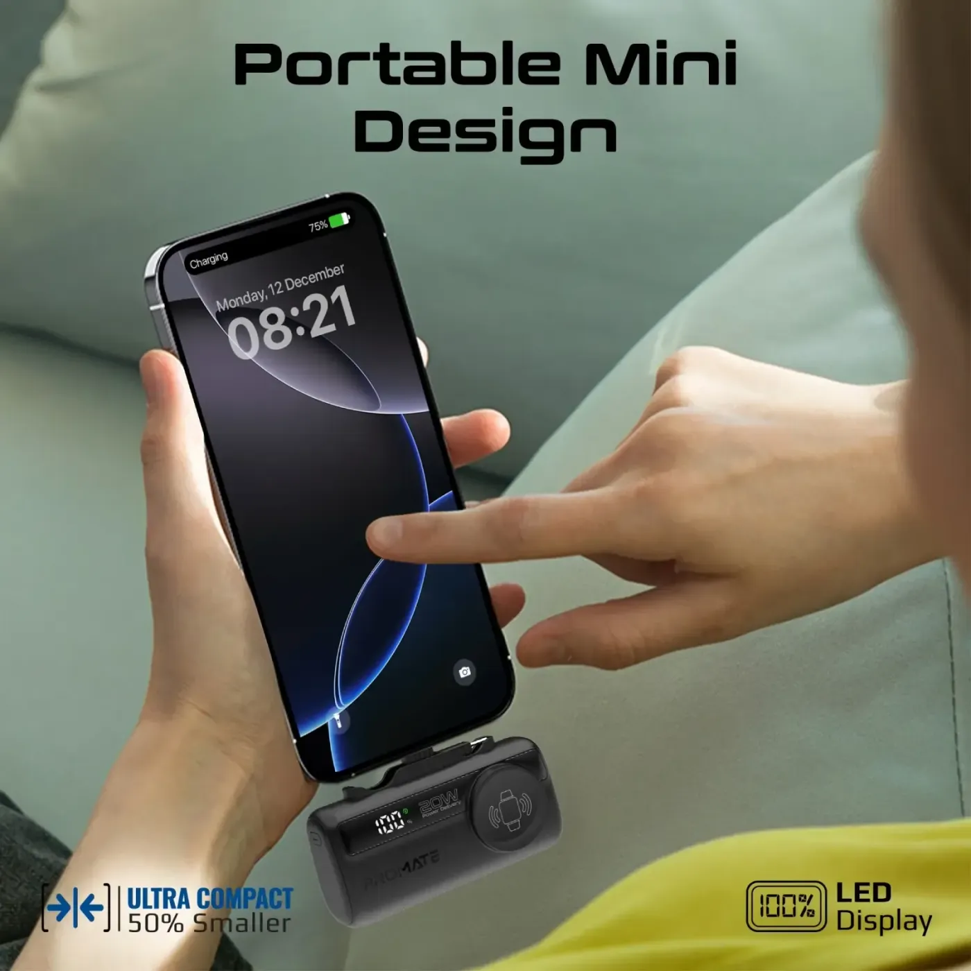 Metal kickstand deployed on the Promate PowerUp-Trio power bank