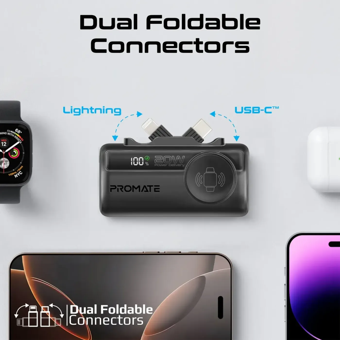Promate PowerUp-Trio mini power bank shown at an angle