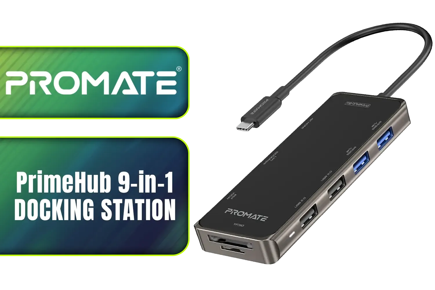 Promate PrimeHub 9-in-1 Docking Station / USB Type-C 100W PD /  USB Type-A 3.0 & 2.0 Ports / 1x 4K HDMI Ports / RJ45 Port @ 1000Mbps / SD & MicroSD Slots / PrimeHub-Go