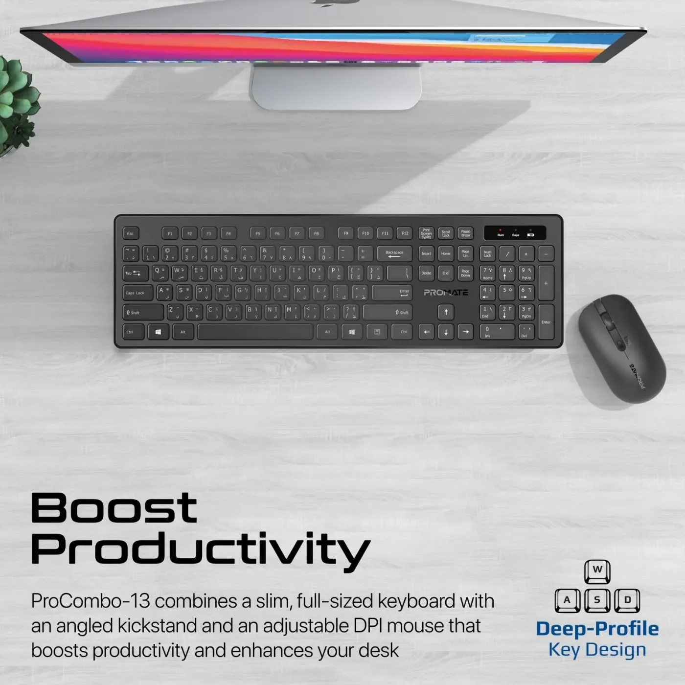 Promate ProCombo-13 slim wireless keyboard and mouse set shown together