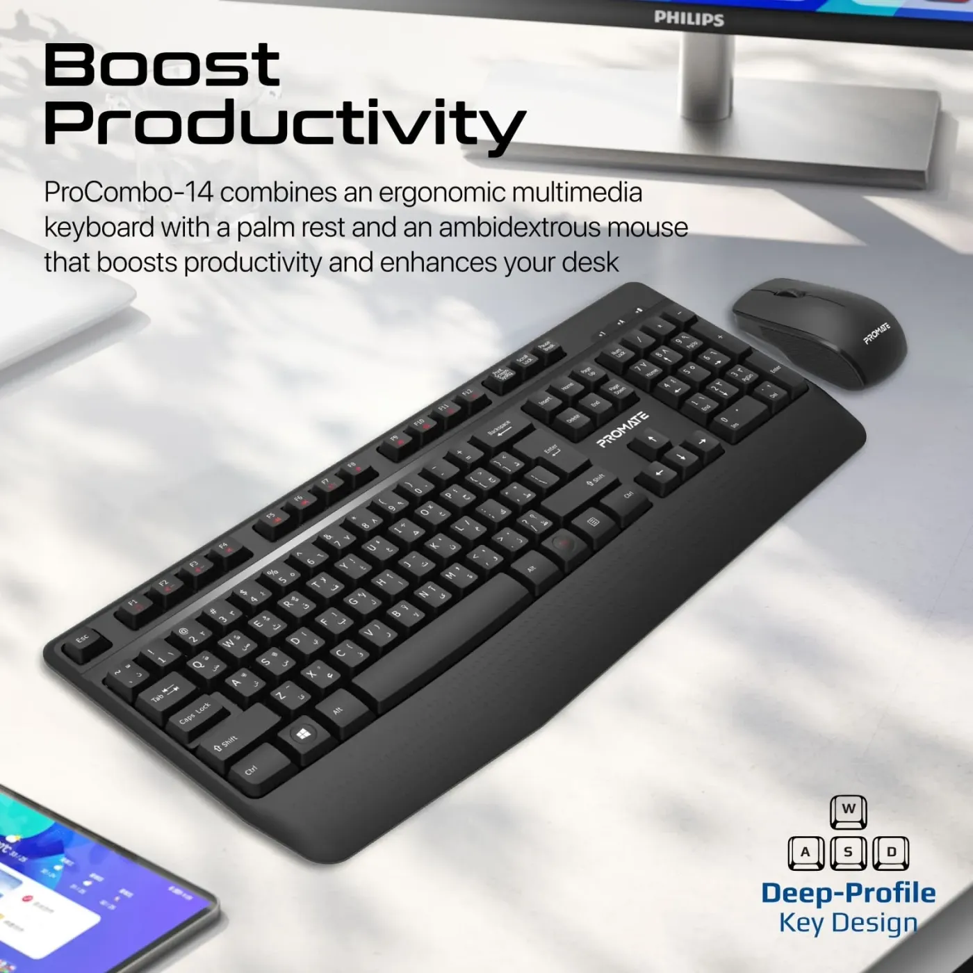 Promate ProCombo-14 wireless keyboard and mouse combo laid out on a desk