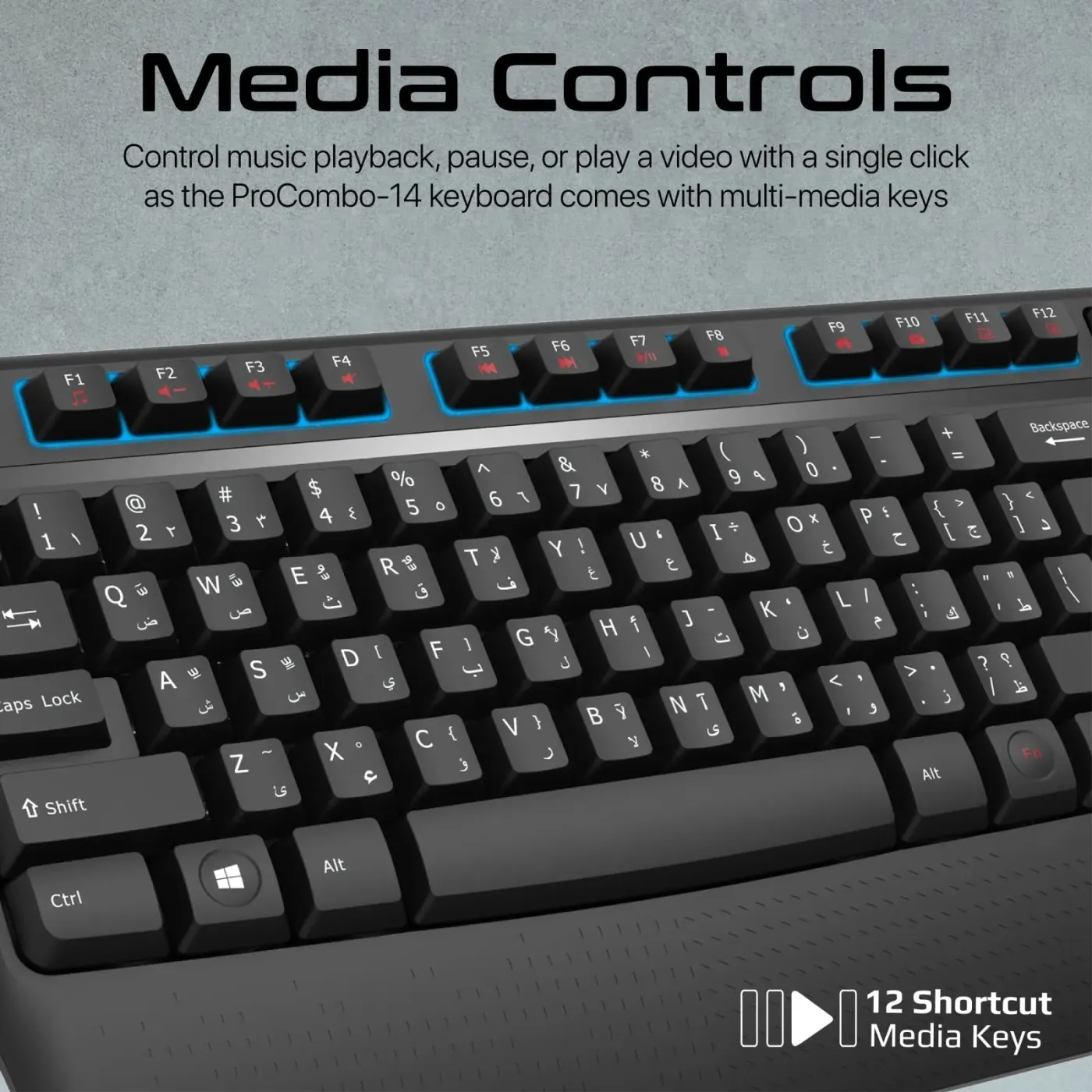 Shortcut and media control keys along the top row of the ProCombo-14 keyboard