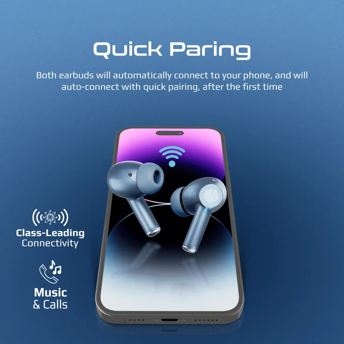Close view of the IntelliTouch control surface on a blue Promate ProPods earbud