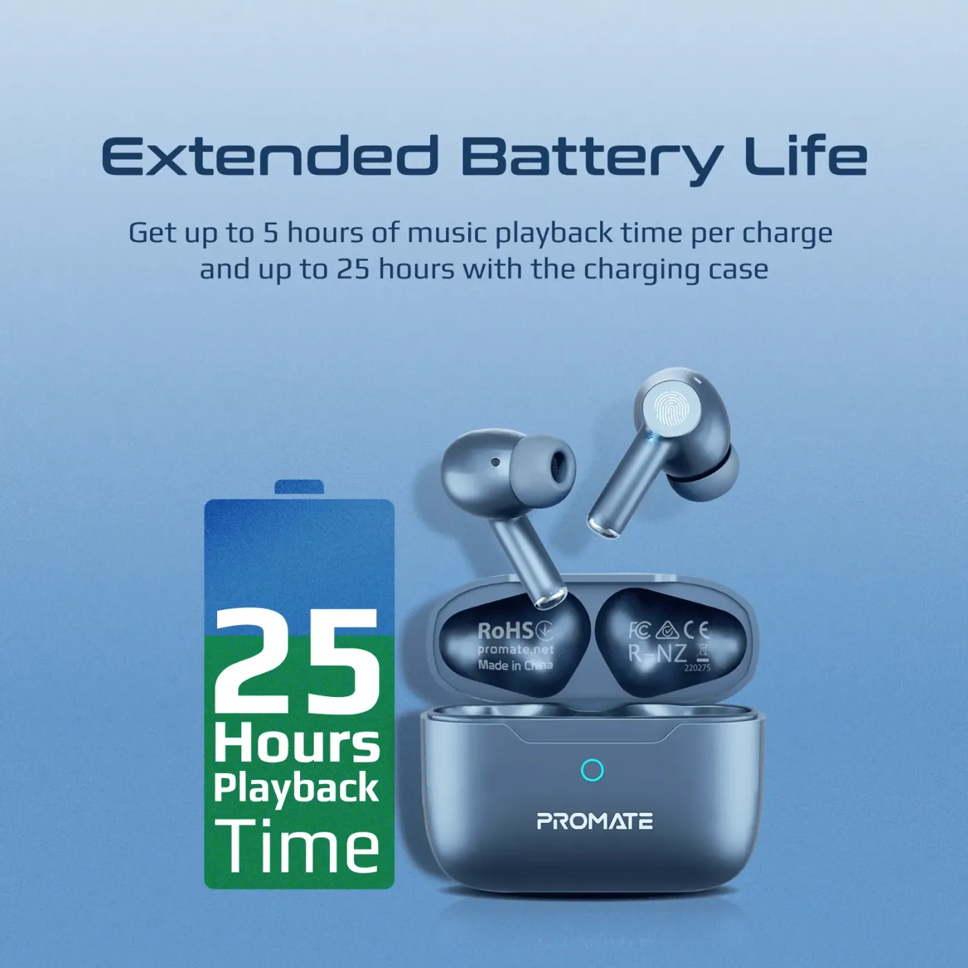 Blue Promate ProPods earbuds paired wirelessly with a smartphone