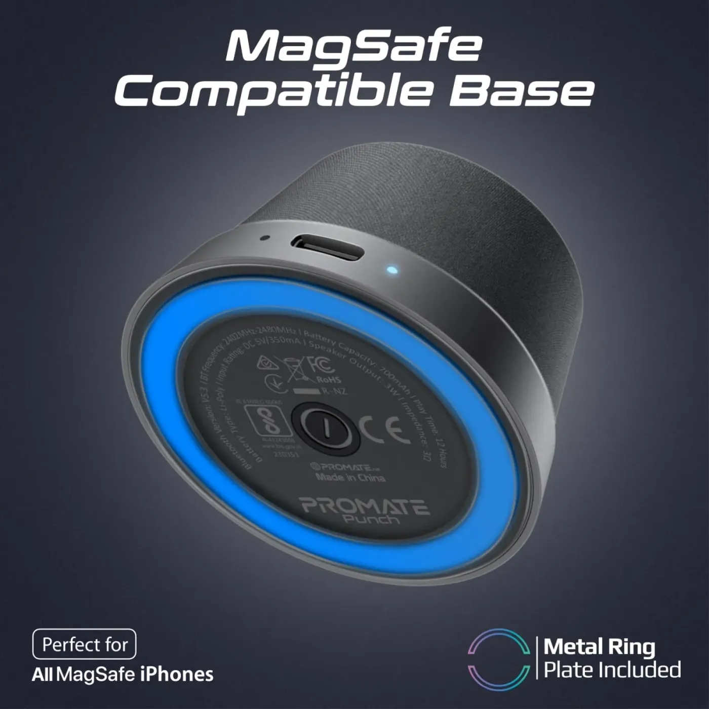 Design detail of the black Promate PUNCH speaker housing