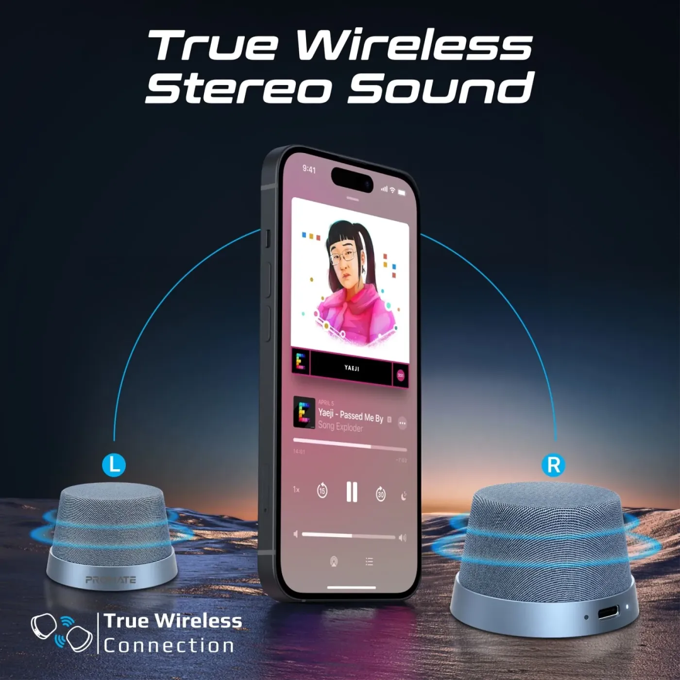 Navy blue PUNCH speaker shown at an angle beside a phone