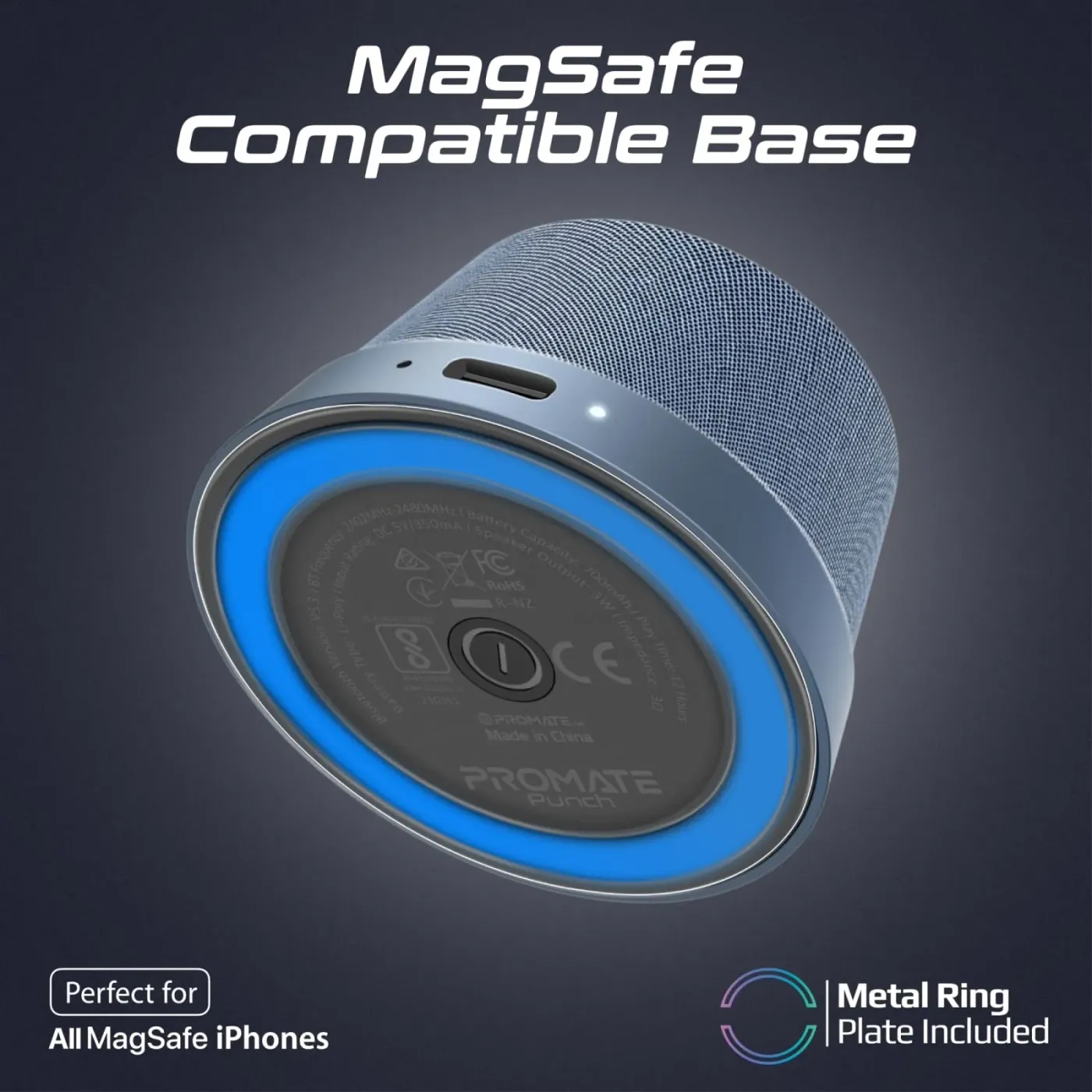 Design detail of the navy blue Promate PUNCH speaker body