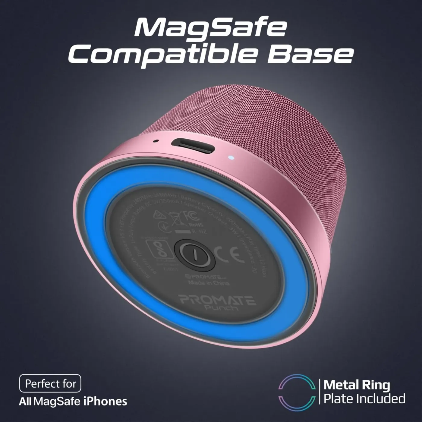 Design showcase of the vibrant pink Promate PUNCH speaker
