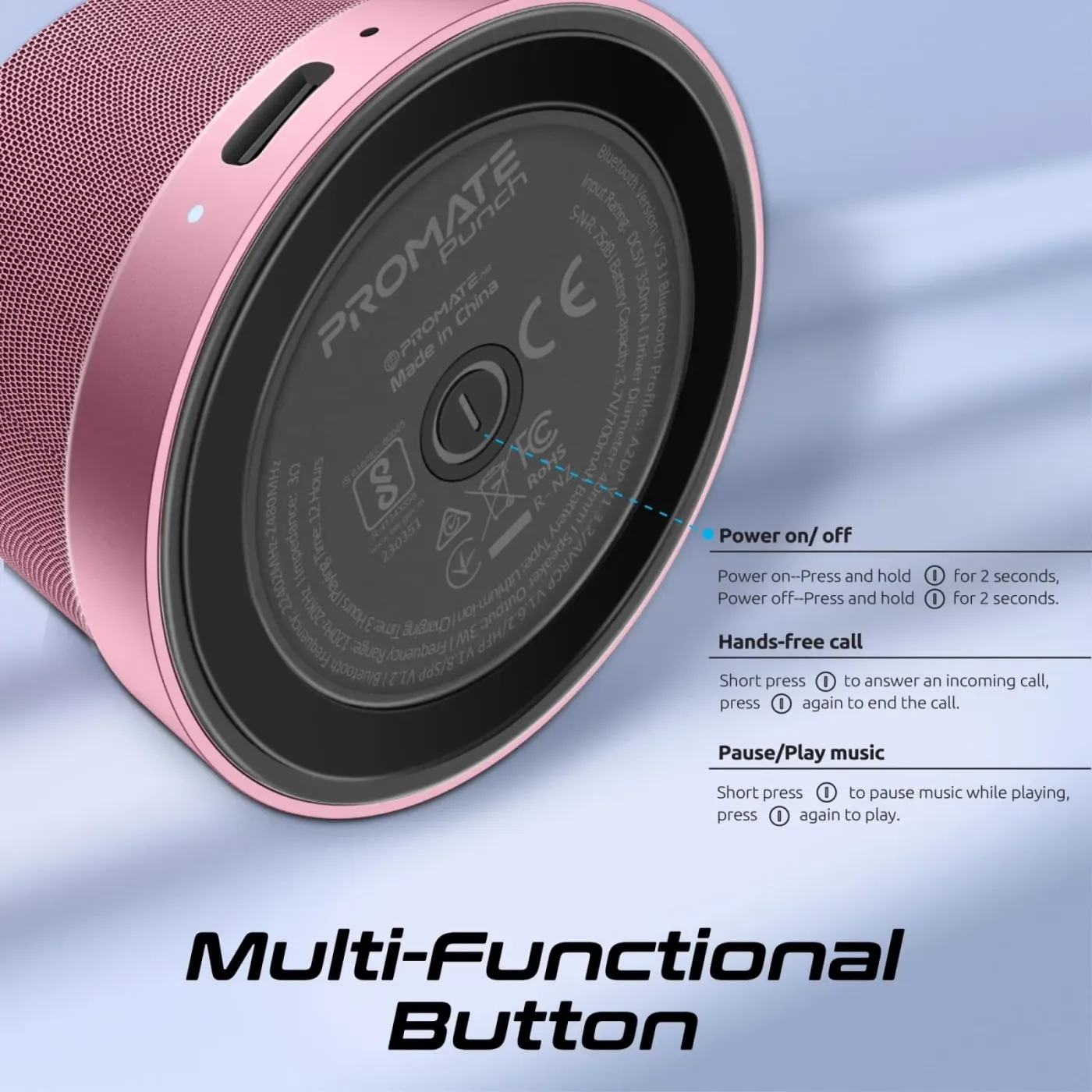 Pink PUNCH speaker used as a phone stand on its magnetic universal base