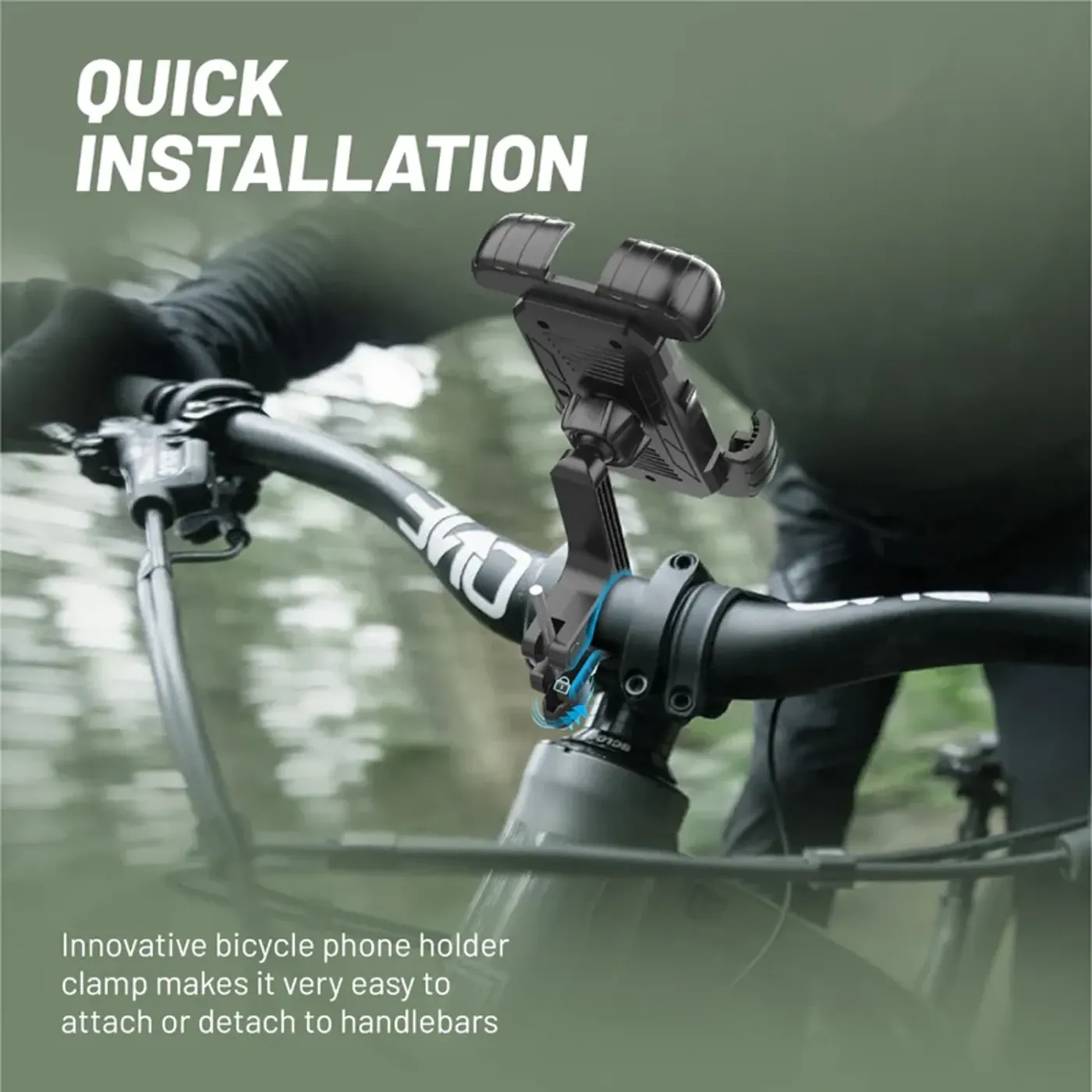 Hands fitting the BikeMount-2 to handlebars without tools