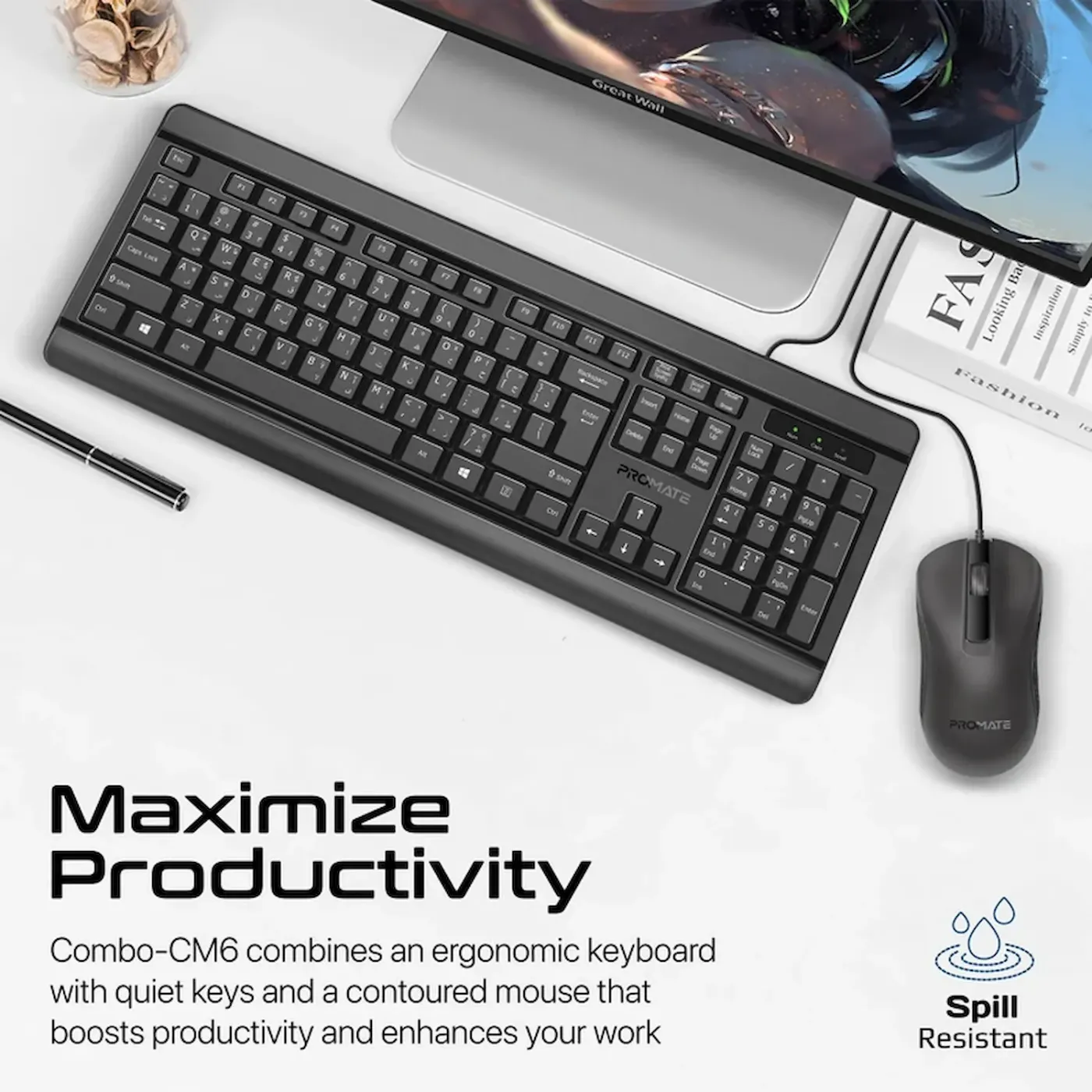 Promate Quiet Keys wired keyboard and contoured mouse shown together from the front